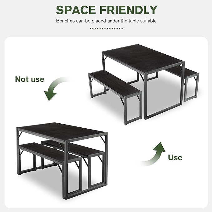 IMUsee 3PC 47.2" Dining Table Set for 4 with Benches, Heavy Duty Metal Frame, Small Space Saving Kitchen Dinette, Wood Board and Grey Legs