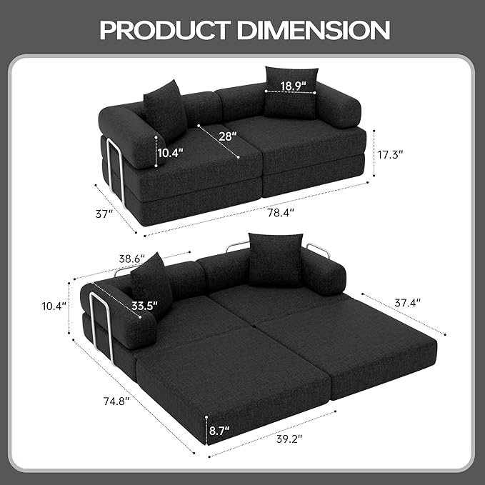 DURASPACE 78.4'' Convertible Folding Sofa Bed, Floor Sleeper Sofa Couch with Fixed-Shape Frame, Compression Comfy Couch in a Box, Boneless Modular Loveseat for Living Room (Chenille Black)