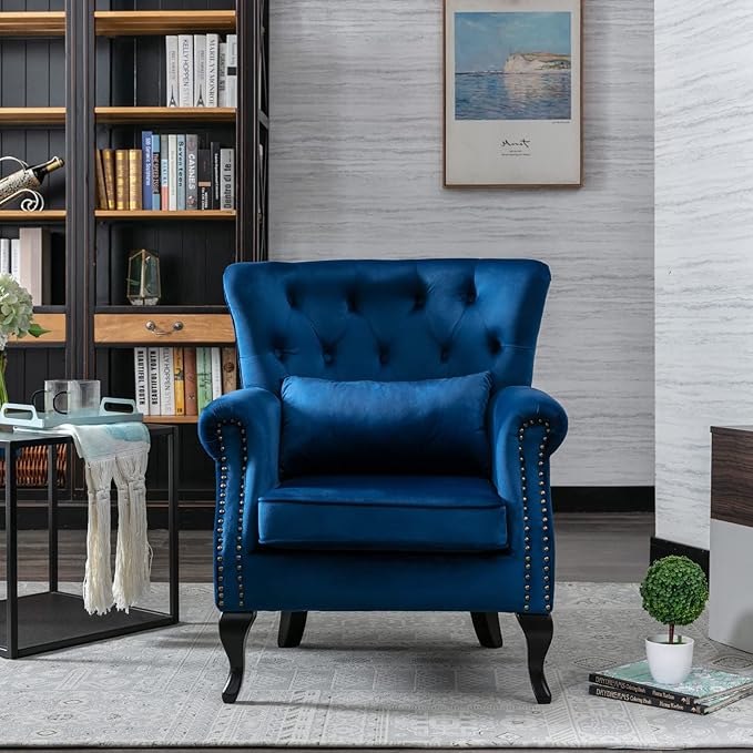 LZAREAL Accent Reading Arm Chairs Set of 2 for Living Room Bedroom, Midcentury Modern Comfy Corner Sofa Chair, Wingback Waiting Room Club Chair with Button Tufted Back &Lumbar Pillow, Velvet Blue