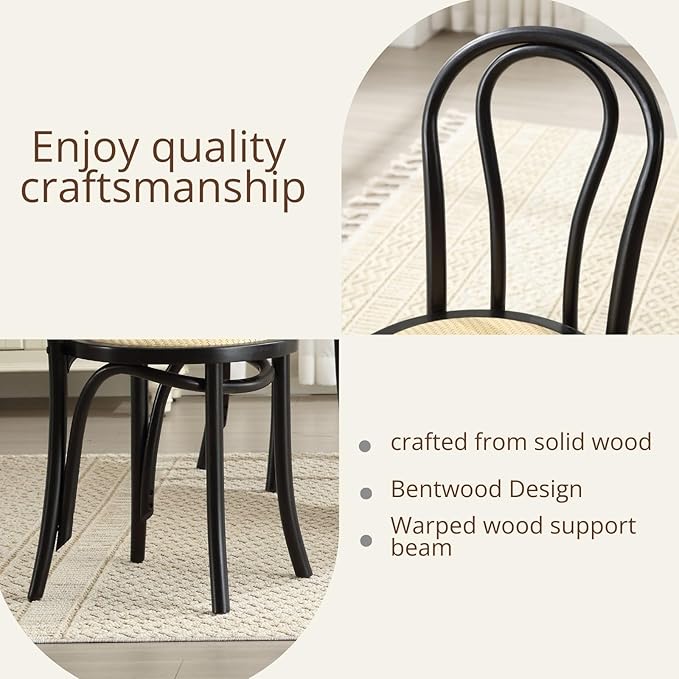 DM Furniture Solid Wood Dining Chairs Set of 2 Mid-Century Modern Rattan Kitchen Room Chairs with Backrest Bentwood Side/Desk Chairs for Dining/Living Room,Home, Black Wood