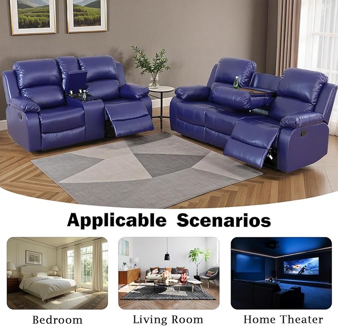 Caberryne Leather Recliner Sofa Set，Leather Reclining Couch for Living Room Furniture Sets，Purple Recliner Couch with 5 Recliners for Living Room/Office/Theater Seating(Sofa Set 3 Pieces)
