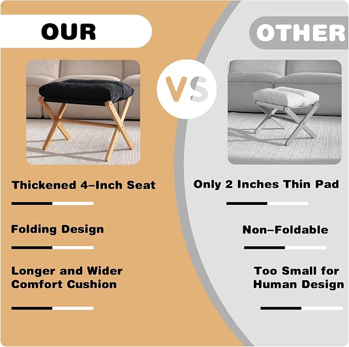 Ottoman Foot Rest- Bamboo Foldable Stool, Foot Stools Small Ottman with Upholstered & X Legs, Folding Stool for Makeup, Bedroom and Living Room (Black)