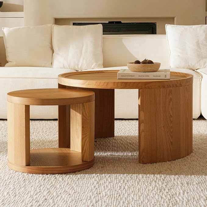 FAME HOME Round Nesting Coffee Table Set of 2,31.5" Large & 18" Small Low Tables with Wood Look Top,Space-Saving Side Tables for Living Room,Bedroom,Office,Minimalist Center Table Set (Brown, L+S)
