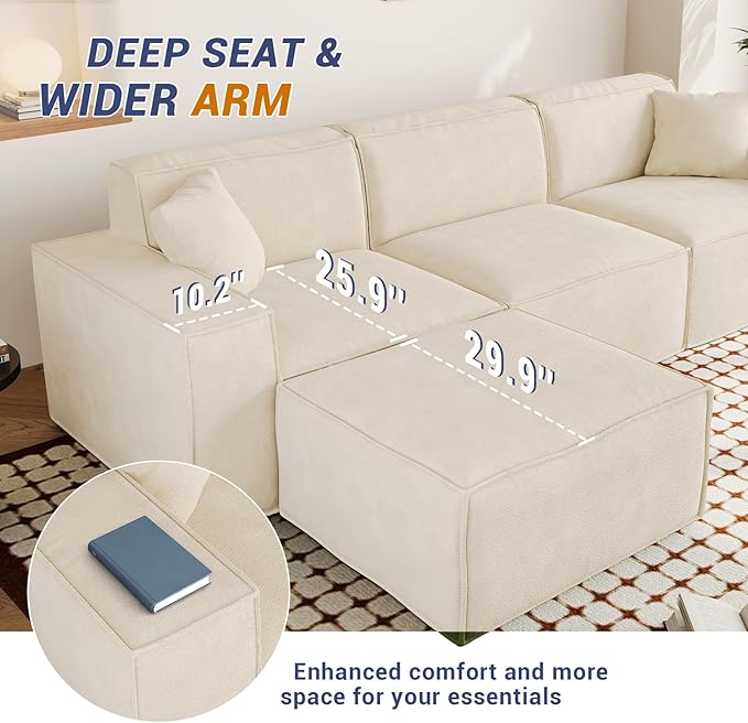 110" Cloud Sectional Couch, Chenille Boneless Couch 3 Seater with Deep Seats & Wide Armrests, Comfy Modular Sectional Sofa Memory Foam Compression Floor Sofa for Living Room, No Assembly Required