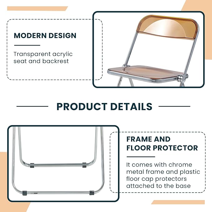 LeisureMod Lawrence Modern Clear Acrylic Folding Chair with Metal Frame, Space-Saving Transparent Seating for Dining Room, Home Office, Bedroom, Vanity or Small Spaces, (Tangerine, Set of 4)