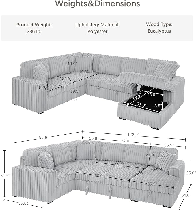 Olodumare Oversized Convertible Sectional Sofa Bed for Living Room, Modern 122'' Corduroy Upholstered U-Shaped Couch with Right Chaise Hidden Storage & Pull-Out Bed, USB & Type-C Port, Ash Grey