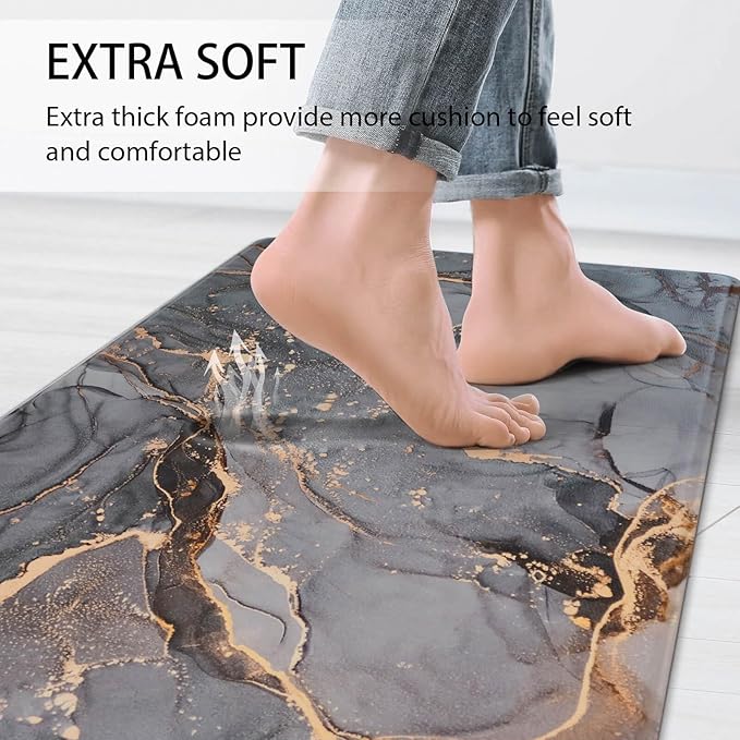 Kitchen Mat Anti Fatigue Cushioned Set of 2 Grey Kitchen Rugs Non Slip Waterproof Kitchen Floor Mats Gold Kitchen Accessories and Decor Comfort Memory Foam Kitchen Mats for Floor Laundry Room