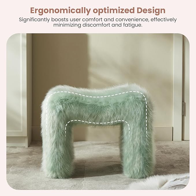Vanity Stool Chair Small Footstool Ottoman Faux Fur Seating Backless Modern Foot Rest Ottoman Furry for Makeup Room Living Room Bedroom Entryway,Green (Single 1)