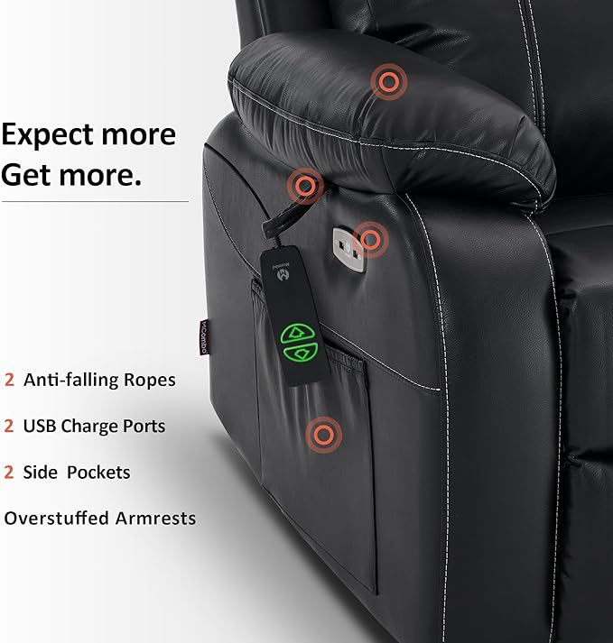MCombo Small-Wide Power Lift Recliner Chair with Massage and Heat for Petite Elderly People, 3 Positions, 2 Side Pockets, USB Ports, Faux Leather R7410 (Black, Small-Wide)