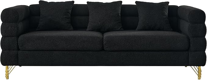 mikibama Modern Teddy Sectional Sofa, 81 Inch Oversized Sofa Couch, Luxury 3 Seater Deep Couch with 3 Pillows and Gold Metal Legs for Living Room, Bedroom, Apartment (Black)