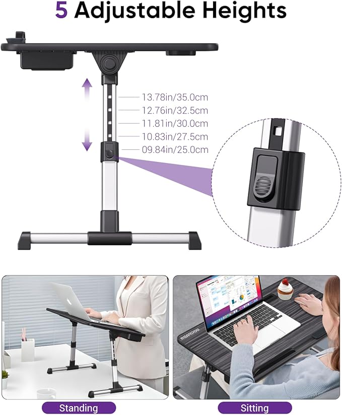 NEARPOW Laptop Bed Tray Table, Height & Angle Adjustable Portable Bed Table,Portable Computer Tray Laptop Stand for Bed W/Tablet Stand & Drawer, Foldable Lap Tablet Table for Sofa Couch Floor Writing
