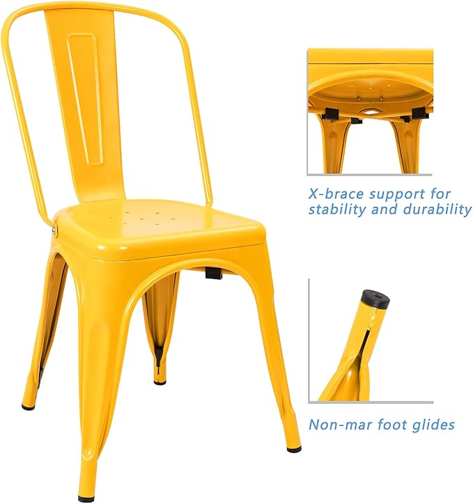 Devoko Metal Indoor-Outdoor Chairs Distressed Style Kitchen Dining Chairs Stackable Side Chair with Back Set of 4 (Yellow)