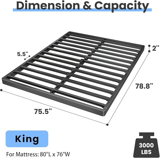 Superay 2 Inch King Box Spring Low Profile, Heavy Duty Metal Box Spring Bed Base, Bunkie Board Bed Slat Replacement, Mattress Foundation, Easy Assembly, Noise Free
