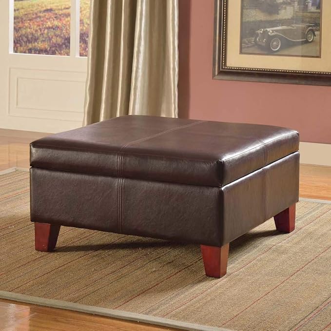 HomePop Faux Leather Square Storage Ottoman with Wood Legs, Distressed Brown