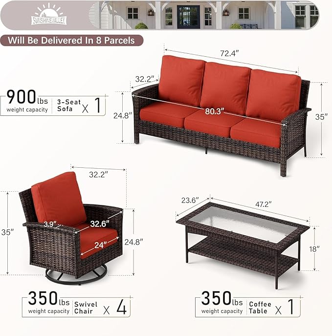SUNSHINE VALLEY Patio Furniture Set with Swivel Chairs, High Back Wicker Rattan Furniture with Extra Thick Cushion and Coffee Table, Outdoor Conversation Set for Garden Backyard Deck,7 Seats Red