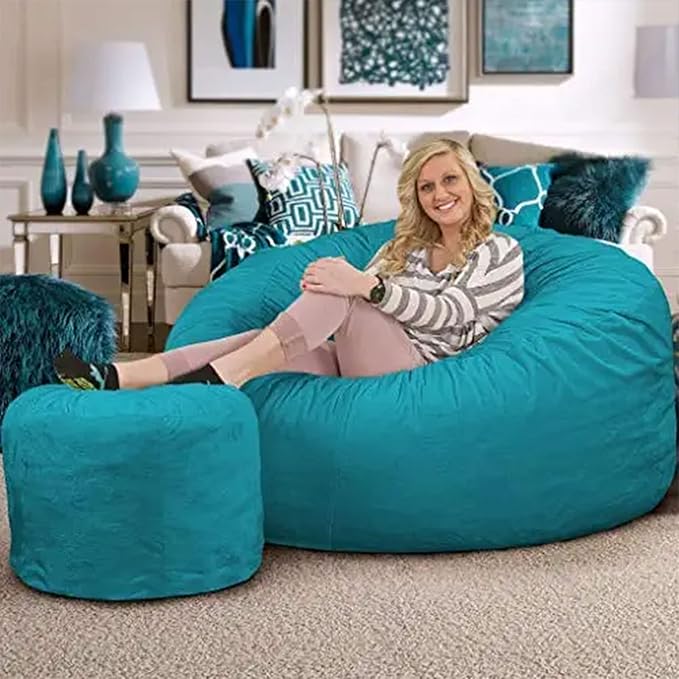 ULTIMATE SACK 5000 5-Foot Bean Bag Chair with Footstool, Teal Suede Cover – Oversized Foam Lounger, Floor Seat, Small Sofa, or Couch Bed for Living Area, Gaming Room, or Reading Lounge