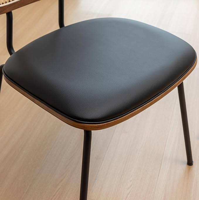 HOCEWI Rattan Dining Chairs Set of 4, Mid Century Modern Dining Chairs with Cane Back for Kitchen Dining Room, 19 Inch Faux Leather Black