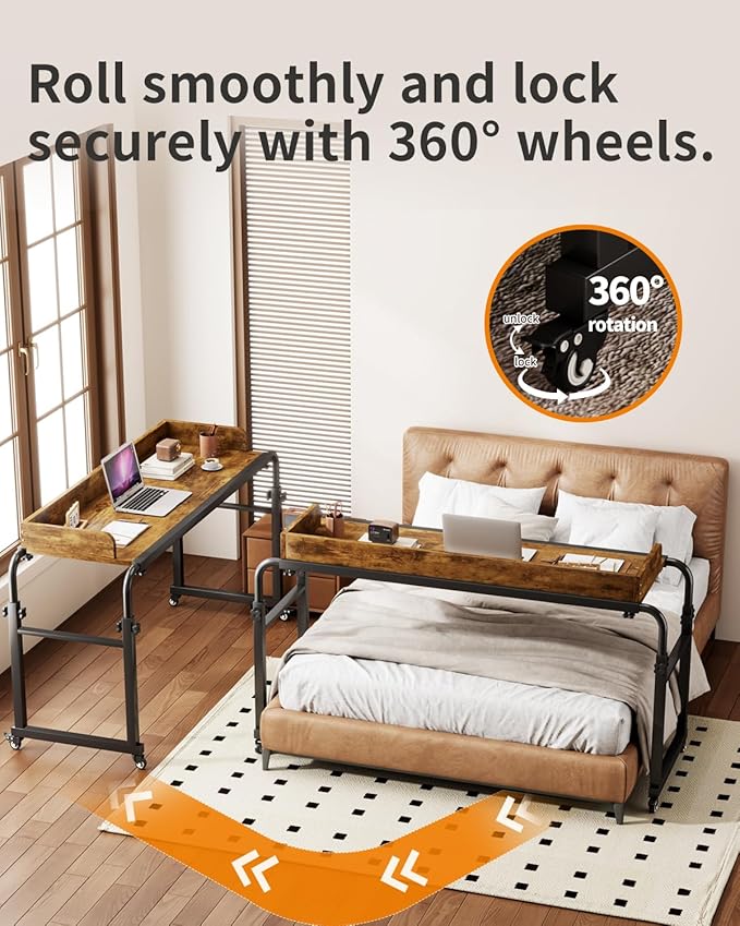 Saifu Overbed Table with Wheels,Adjustable Height & Length Laptop Desk for Bed,King & Queen Size Beds Bed Table,Rolling Standing Desk,Over Bed Table for Working Reading Eating,Brown