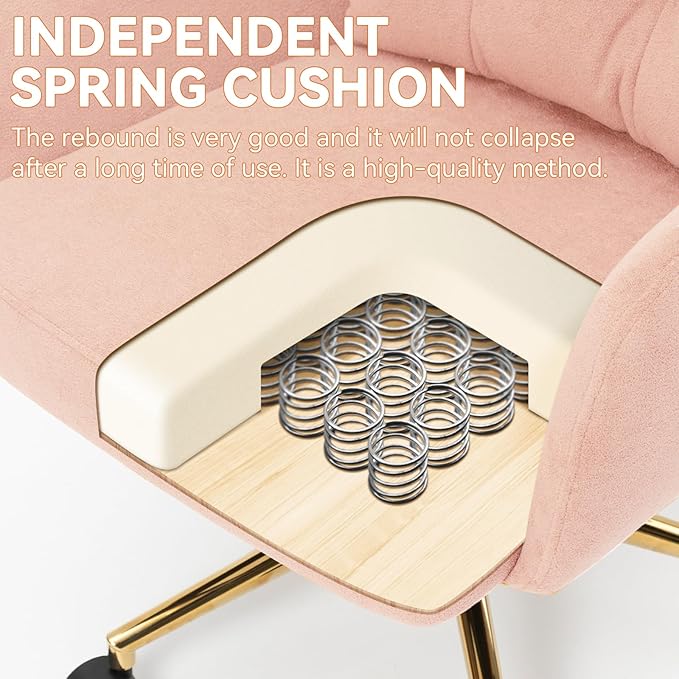 BALIAA Flannel Office Chair, Comfy Home Office Desk Chairs with Lumbar Support, Modern Velvet Desk Chair Gold Legs Small Swivel Task Chair for Home Office, Bedroom, Study (Pink, L)