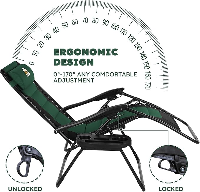Colegence Oversized Padded Zero Gravity Lounge Chair Set of 2, Foldable Patio Anti Gravity Reclining Chairs Folding Lawn Recliner with Cup Holder for Yard, Camping, Outdoor, Support 350 LBS, Green