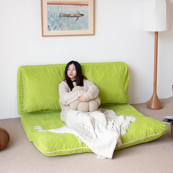 N&V Folding Matress Sofa Bean Bag Bed, Foam Filling Folding Matress Sofa, includes Removable and Machine Washable Cover, Soft Premium Corduroy (Large, Lime)