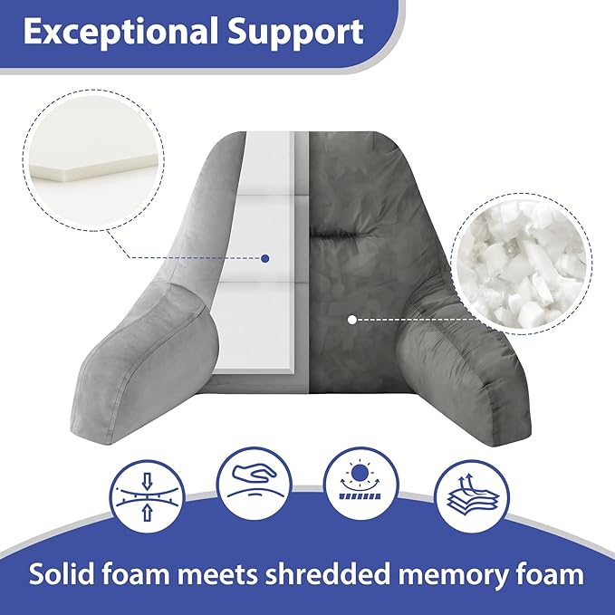 IASEAHK Reading Pillows for Sitting in Bed Adult, Back Pillow for Bed Sitting Up, Backrest Pillows with Shredded Foam for Adult&Teens, Support Pillow with Arms for Beds, Couch, Floor, 24in, Grey