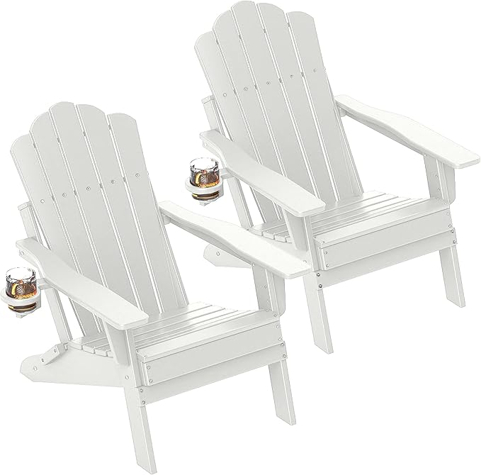 FOOWIN Adirondack Chair Set of 2, Folding Adirondack Chair with Cup Holder, HDPE All-Weather Fire Pit Chair for Patio, Garden, Backyard, Poolside, White