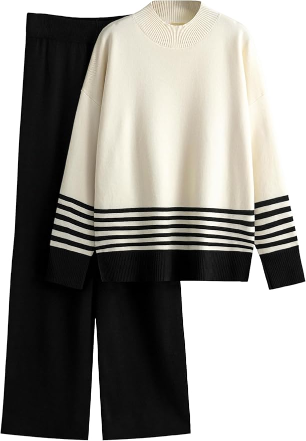 Tanming Women's Lounge Sets 2 Piece Outfits Knitted Pullover Sweater Tops Wide Leg Pants Tracksuit