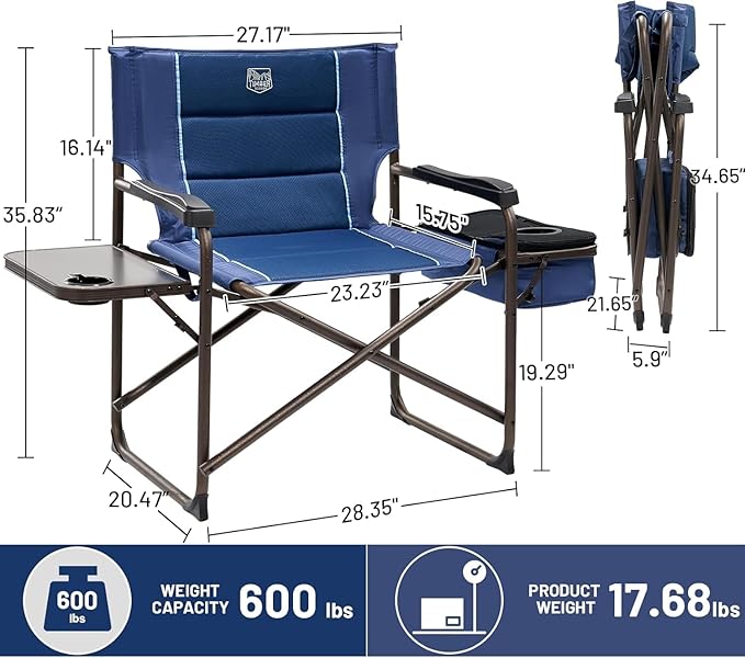 Timber Ridge XXL Oversized Directors Chair 600lbs - Heavy Duty Camping Chair with Cooler Bag & Table, Portable Folding Chair with Wide Seat for Tailgating, Patio, Outdoor - Blue (2 Pack)