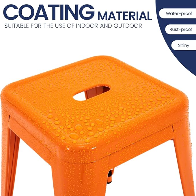 Brage Living 18 Inch Industrial Metal Stools Set of 4, Stackable Classroom Stools, Backless Metal Dining Chairs for Indoor Outdoor, Kitchen Short (Orange)
