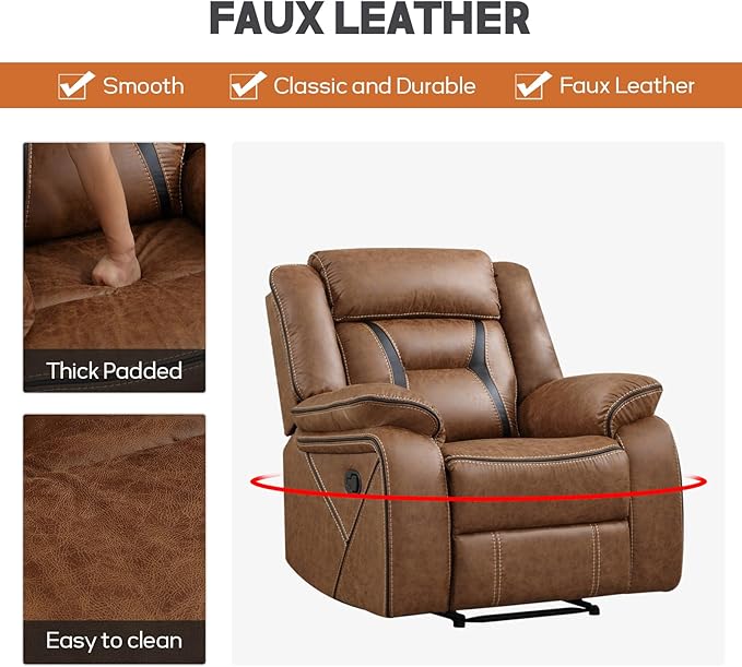EBELLO Manual Recliner Sofa Set, Faux Leather Reclining Living Room Furniture Set, Included Single Recliner Chair and Manual Loveseat Sofa, Brown