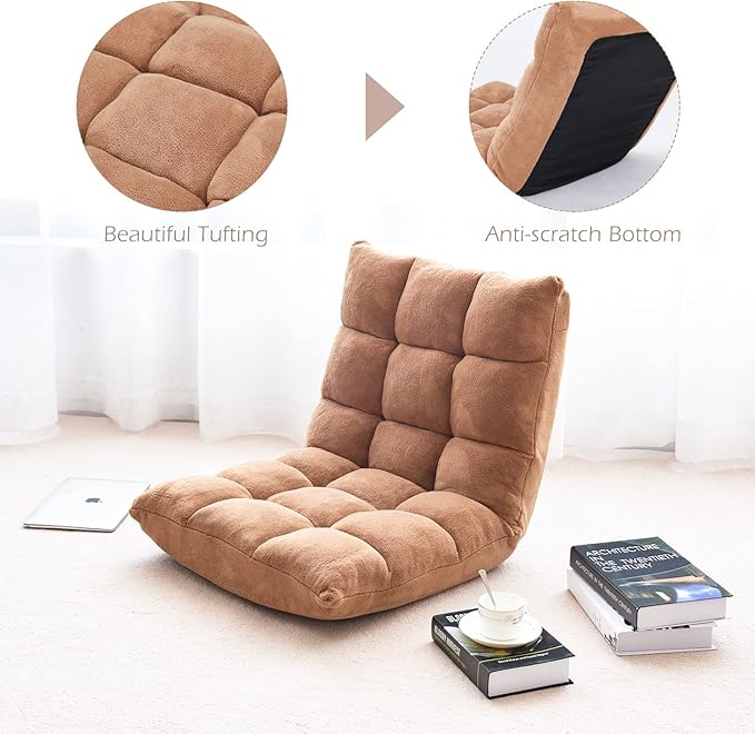 COSTWAY Floor Chair, Video Gaming Chairs with Back Support, Adjustable 14-Position, Alloy Steel Frame, Soft Coral Fleece, Lazy Sofa Lounge for Reading Living Room Recliner for Adults Kids, Beige