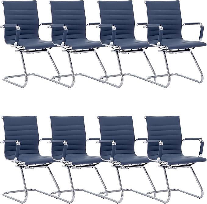 DM Furniture Office Desk Chair Set of 8,No Wheels PU Leather Computer Chairs Mid Back Guest Chairs with Seld Base for School/Reception/Conference/Waiting Room,Navy Blue