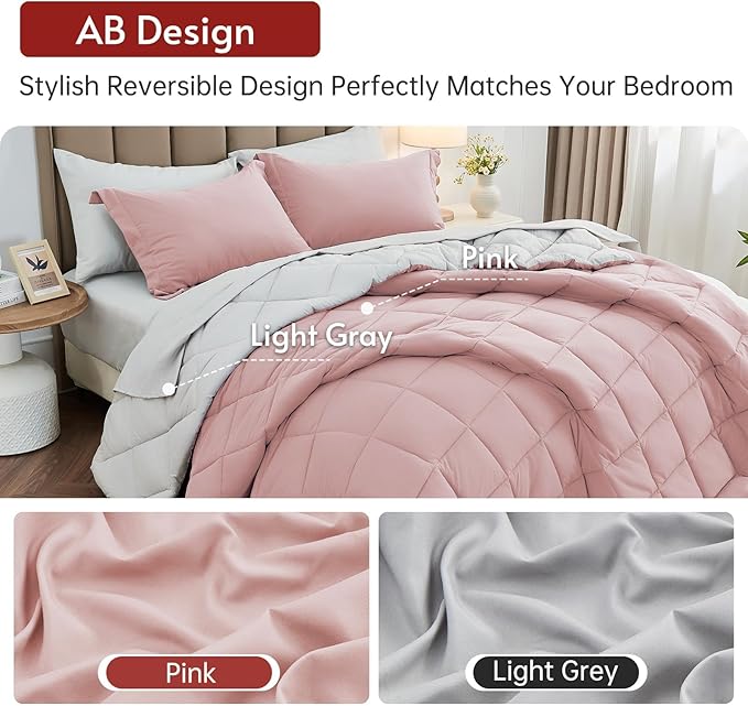 MUXHOMO 7 Pieces King Comforter Set, Reversible Bed in a Bag King Size, All Season Bedding Set with Comforter, Flat Sheet, Fitted Sheet, Pillowcases & Shams, Pink & Light Grey