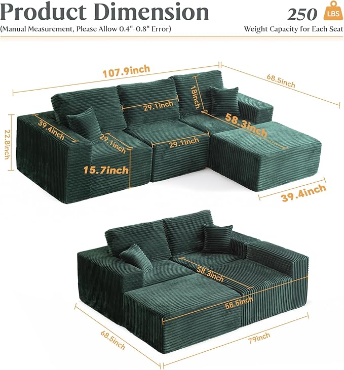 MODNEST 108" Modular Sectional Sofa Cloud Couch with Deep Seats, L Shape Couch with Chaise and Movable Ottoman, Sectional Couches for Living Room, Comfy Boneless Couches No Assembly Required, Green