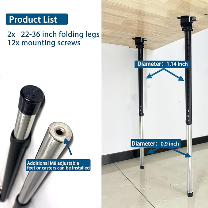 Benbuoo Adjustable Folding Table Legs 22-36", Heavy Duty Metal, Set of 2 | Height Adjustable, Foldable, Sturdy | for DIY Desks, Computer Tables, Office Workstations, RV Camping, Outdoor Furniture