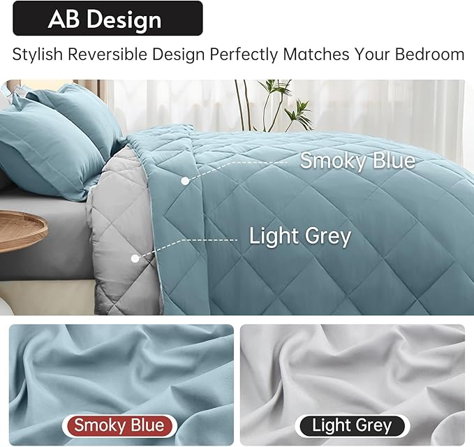 MUXHOMO 7 Pieces King Comforter Set, Reversible Bed in a Bag King Size, All Season Bedding Set with Comforter, Flat Sheet, Fitted Sheet, Pillowcases & Shams, Greyish Blue & Light Grey