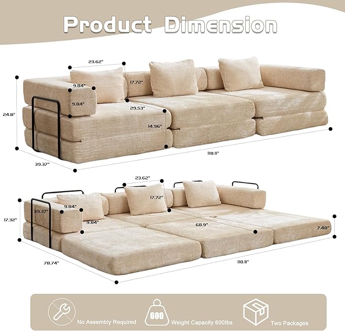 6-in-1 Folding Convertible Sofa Bed, 118 Inch Boneless Couch with Fixed-Shape Frame, Chenille Sleeper Sofa with Pull Out Bed, Floor Sofa Modular Futon Couches for Living Room Bedroom Lounge (Beige)