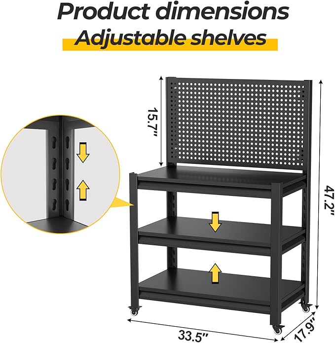 2 Sets Work Bench with Pegboard,Heavy Duty 3000lbs Capacity Workbench with Wheels Adjustable Shelves,Tool Cart,Work Table 47.2" H*33.46" W*18" D