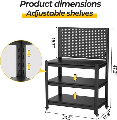 2 Sets Work Bench with Pegboard,Heavy Duty 3000lbs Capacity Workbench with Wheels Adjustable Shelves,Tool Cart,Work Table 47.2" H*33.46" W*18" D
