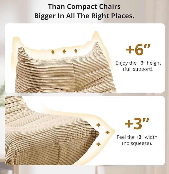 Bean Bag Chair - Corner Sofa, Fireside Chair Bean Bag Sofa Large Bean Bag Chair for Adults,Fireside Floor Couch for Living Room, Bedroom, Gaming (Yellow, Single) (Khaki, Single)