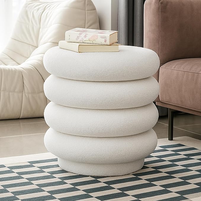 17.5'' Round Ottoman Foot Stool Fabric Storage Footrest Vanity Stool Chair, Modern Sherpa Upholstered Padded Seat with Lid for Living Room/Bedroom/Small Space/Make Up, Cream