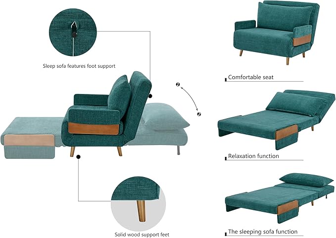 CITTANEO 42" Convertible Sleeper Chair, 3-in-1 Chair Bed Sleeper for Adults with Adjustable Backrest, Pillow & Wooden Arms, Loveseat Sofa Bed for Apartment, Office, Peacock Blue