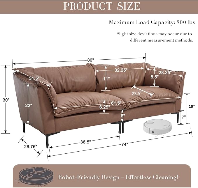 CIMOTA 80'' Faux Leather Loveseat Sofa for Living Room, Modern 2 Seater Small Cloud Couch for Bedroom/Small Space/Apartment, Comfy Office Couches with Upholstered Cushions, Minimalist Style, PU Brown