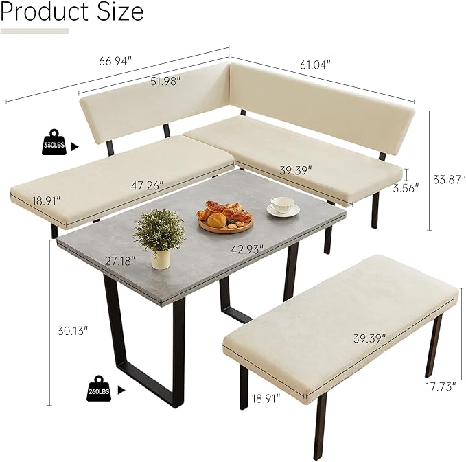 3-Piece Corner Dining Table Set with Bench, 67 Inch Space-Saving Breakfast Nook for Kitchen & Dining Room, Beige