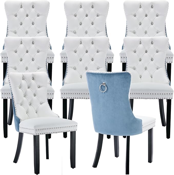 YeahFurn Modern Dining Chairs Set of 8, Tufted Upholstered Dining Room Chairs with Nailhead, PU Leather Front & Velvet Back, Solid Wood Legs, Kitchen Chairs, Sillas de Comedor (White & Light Blue)