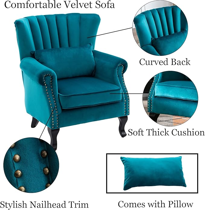 DM Furniture Velvet Accent Chairs Set of 2 with Arm Comfy Living Room Chair Mid-Century Modern Wingback Side Chair Single Sofa Couch for Bedroom Guest Room, Teal Blue