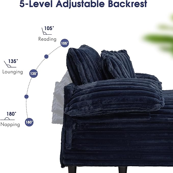 54.8" W Oversized Chaise Lounge Chair Indoor with 5-Position Adjustable Backrest, Plush Sleeper Sofa Bed with Pillows, Upholstered Cloud Couch Chair for Living Room, Study Room, Navy Blue