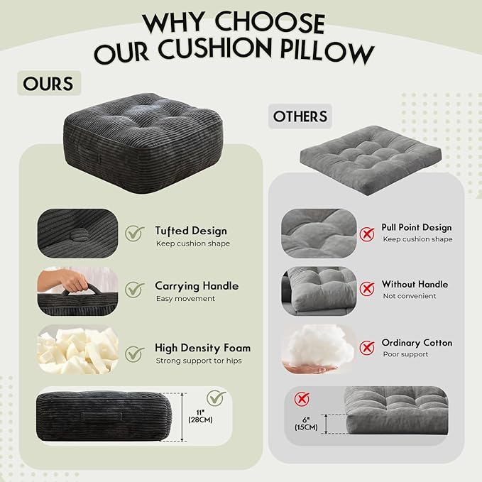 11In Washable Floor Pillow for Adults, Yoga & Meditation Cushion with Handle, Square Large Pillows Seating with Removable Tufted Corduroy Cover for Tatami Living Room Board Games, Dark Gray