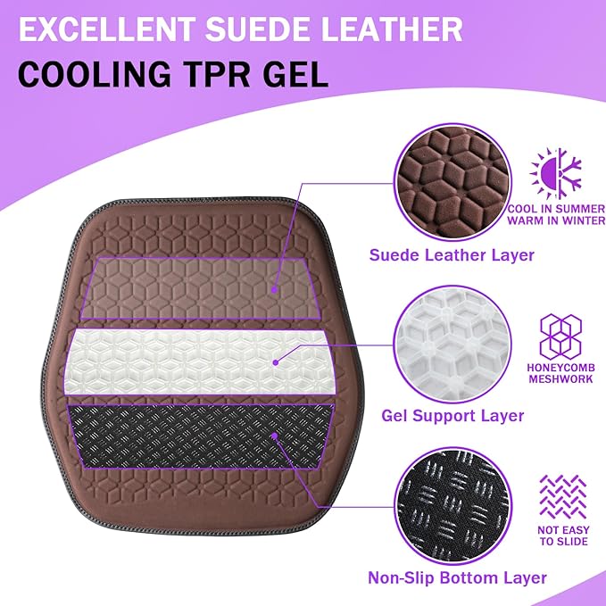Binsheo Thin Premium Gel Seat Cushion for Car Seat, Office Chair, Wheelchair, Golf Cart - Non-Slip Car Seat Cushions with 0.7 Inch Gel - Sciatica & Coccyx Pain Relief (Suede, Dark Brown)